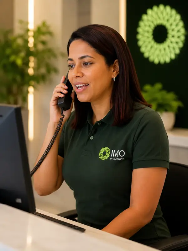 Atendente do IMO Oftalmologia ao telefone